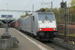 Die 186 251-5 D-Rpool - in Diensten der TXL - hat einen kurzen Aufenthalt im Bahnhof Frick auf ihrem Weg durch die Schweiz.