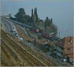 Der IR 1735 mit einer Re 460 begegnet bei St-Saphorin dem IR 1728 von Brig nach Genve Aroport, welcher von einer Re 4/4 II gezogen wird.
25. Feb. 2012