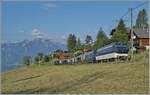 Ebenfalls bei Les Avants ist die MOB Ge 4/4 8002 mit dem nun fünfteilgien GoldenPass Express GPX 4064 auf der Fahrt in Richtung Interlaken Ost.