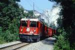RhB Regionalzug 755 von Chur nach Disentis am 05.08.1992 bei Versam mit E-Lok Ge 4/4 II 614 - 2x AB - 2x B - D - A. Hinweis: gescanntes Dia
