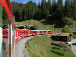 Regionalzug von Arosa nach Chur in der malerischen Berglandschaft zwischen Langwies und Peist. Peist, 13.10.2023