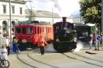 Extrazug mit Lok G 3/4 Nr.1  Rtia  nach Chur-Sand im Mai 1989
Links ein planmssiger Zug nach Arosa,noch mit Gleichstrom Triebwagen.(Archiv P.Walter)