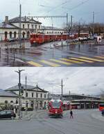 Noch einmal ein Vergleichsbild des Bahnhofs Chur vom März 1996 und dem 31.03.2022: Oben verlässt der ABe 4/4 487 mit einem Zug nach Arosa die Endhaltstelle am Bahnhof, darunter kommt der ABe 8/12 3506 mit einem Zug aus Arosa an der neuen Endhaltestelle direkt vor dem Bahnhofsgebäude an