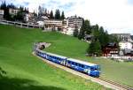 RhB AROSA-EXPRESS 654 von Arosa nach Chur am 30.08.1998 Ausfahrt Arosa-Tunnen (298,80m) kurz nach Arosa im 60-Promille-Geflle mit E-Lok Ge 4/4II 618 und Reihung Steuerwagen voraus ABt 1703II - AB