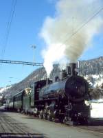 RhB Dampfextrazug 3723 von St.Moritz nach Scuol am 02.03.1997 in Celerina mit Dampflok G 4/5 108 - A 1102 - B 2060 - D 4052I - B 2245.  