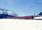 RhB REGIONALZUG 731 von St.Moritz nach Scuol am 26.02.1998 mit Ge 4/4II 629 - B 2266 - B 2303 - A 1238 - B 2373 - B 2425 - D 4204. Hinweis: Seit 22.11.1999 gibt es keine durchgehenden Planzge St.Moritz - Scuol.
