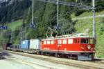 RhB Gterzug 5353 von Landquart nach Pontresina am 22.08.1995 in Bewrgn mit E-Lok Ge 6/6 II 703 - Rw 8207 - Xa 9316 - Kw 7366 - Gakv 5409.