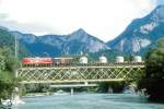 RhB Gterzug 5835 von Landquart nach Thusis am 02.09.1997 auf Rheinbrcke bei Reichenau mit E-Lok Ge 4/4I 601 - Gbkv 5583 - Uce 8084 - Uce 8070 - Uce 8049 - Uce 8018 - P 10053 - Ua 8342 - Ua 8332 -