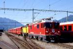 RhB Gterzug 5820 von Chur nach Landquart vom 07.06.1997 Einfahrt Landquart mit E-Lok Ge 4/4II 629 - Gmf 4/4 242 - D 4205 - A 1233 - B 2446 - B 2442 - B 2344.