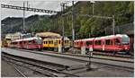 ABe 8/12 3507, Xe 23201 und ABe 8/12 3508 in Poschiavo an diesem Morgen nur im Schienenersatzverkehr mit dem Postauto über den Berninapass erreichbar.