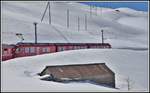 R4621 mit ABe 8/12 3513 auf dem immer noch tiefverschneiten Berninapass kurz vor Ospizio Bernina 2253m. (01.05.2019)