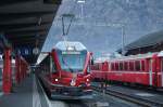 Tirano Bahnhof. Abfahrbereiter Zug nach St.Moritz morgens zwischen 10 und 11 Uhr