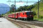 RhB - Regionalzug 1940 von Pontresina nach Scuol am 19.08.2008 Einfahrt Scuol mit E-Lok Ge 4/4 II 628 - A 1244 - B 2343 - WS 3912 - B 2344 - BDt 1753  