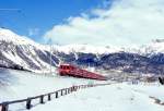 RhB PENDELZUG 325 von Samedan nach Pontresina mit BERNINA-EXPRESS B (Winter)-Kompo von Chur nach Tirano am 07.03.1998 bei Punt Muragl mit Triebwagen ABe 4/4 502 - B 2340 - AB 1514 - BDt 1723 - A 1273 - B 2491 - B 2461. Hinweis: 502er inzwischen Abbruch!
