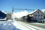 RhB DAMPFZUG fr GRAUBNDEN TOURS 3723 von St.Moritz nach Scuol am 09.02.1997 Durchfahrt Zuoz mit Dampflok G 4/5 108 - D 4052I - B 2060 - A 1102 - B 2245.