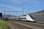 TGV Lyria 4410 durchfährt den Bahnhof Gelterkinden. Die Aufnahme stammt vom 18.04.2019.