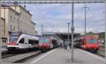 S3 17346 nach Basel und Olten,  RE3178 nach Biel/Bienne und R26458 nach Bonfol treffen sich allesamt im Bahnhof Porrentruy.(09.10.2015)
