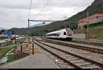 Nachschuss auf RABe 524 014 und RABe 524 110 (Stadler FLIRT) der TILO SA (SBB/TRENORD S.r.l.) als S10 von Mendrisio (CH) nach Bellinzona (CH), die den Bahnhof Rivera-Bironico (CH) auf der Gotthardbahn