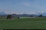 GurtenBahn-NINA RABe 525 015 ist am 10. April 2016 zusammen mit einer weiteren NINA auf der S44 zwischen Kaufdorf und Toffen in Richtung Bern unterwegs. Im Hintergrund das Alpenpanorama mit Eiger, Mönch und Jungfrau ganz links und dem Niesen ganz rechts.