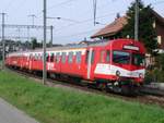 Die BLS-ABt 923, ein Zwischenwagen B sowie der RBDe 566 223 (alle noch mit RM-Beschriftungen) warten am 28.