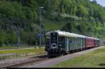 BDe 4/4 1643  Wyländerli  fährt am 16. Mai 2015 mit einem Extrazug in Vallorbe ein. Der Speisewagen ist leider nicht ganz passend.