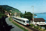 SBB: Im Jahre 1998 verkehrte der TGV-Zubringer Bern-Frasne mit der  GRAUEN MAUS  via Biel anstatt via Kerzers-Neuenburg. Die Aufnahme entstand zwischen Twann und Ligerz auf dem eingleisigen Streckenabschnitt.
Foto: Walter Ruetsch