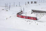 Dieses Foto habe ich bei frostigen Temperaturen vom Bernina Pass aus gemacht, 2300 Meter Höhe und eiskalter Wind aber was tun man nicht alles für die Bilder. 15.01.2025. Der Zug fährt von Pontresina nach Tiano Italien. Vom Gletscher zu den Palmen, ist der Werbeslogan und das stimmt sogar!