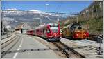 R1428 aus Arosa mit ABe 8/12 3515 begegnet beim Depot Sand der Schneeschleuder X rot mt 95401.