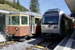 Der Be 4/4 22 zusammen mit dem neuen Be 4/6 101  Eiger  am 14.5.24 im Bahnhof Winteregg.