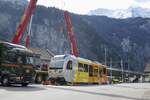 Da die Kräne nacher auf der Winteregg wieder benötigt werden, wurde am 13.5.24 der zweite Zugteil des Be 4/6 101 auf dem Bahnhofplatz Lauterbrunnen abgeladen.