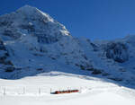 Kleiner Zug vor grossem Panorama: Triebzug der Jungfraubahn fährt mitten im Schnee von der KLeinen Scheidegg nach Eigergletscher.