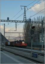 Im ersten Tageslicht fahren zwei Crossrail Re 4/4 III mit einem Gterzug durch Visp.