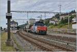 Die Eem 923 026-9  Hofberg  beim Manöver der Tagnpps in Les Hauts-Geneveys: drei Wagen werden zur Beladung bei der Landi (Gleis 4) verschoben, während drei weitere in der Zwischenzeit auf Gleis drei abgestellt werden. 

Das Neigeschild links im Bild zeigt, wie sparsam beim Bau der Strecke mit eben Abschnitten (in den Bahnhöfen) umgegangen wurde, um bei der Führung der Strecke mit einer Spitzkehre und 27 Promille Steigung doch den nötigen Höhenunterschied zu verschaffen. 

12. August 2020