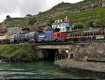 Blick auf Eem 923 025-1  Schlossberg  (Stadler BUTLER), die in einem gemischten Güterzug mit Re 6/6 11634 (620 034-9)  Aarburg-Oftringen  eingereiht ist und vorbei am Plage de la Lisette in