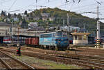 230 053-1 schleppt offene Güterwagen durch Bratislava hl.st.