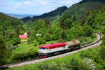 Als eine Modellbahn: die T478 2011  Bardotka  mit einem Feuerwehr-Löschzug kurz vor Turček (Turz).
28.05.2022.