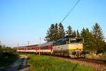 Die 754 084 (Okuliarnik - Taucherbrille) mit dem Personenzug 4362 von Komárno nach Dunajská Streda kurz vor Nová Stráž.