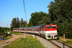 Die 754 005-er Taucherbrille mit dem Zug 4370 von Komárno (Komárom) nach Dunajská Streda (Dunaszerdahely) kurz vor Nová Stráž (Örsújfalu).