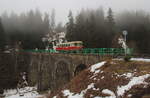 Die 810 391 auf dem Viadukt bei Pernink am 03.02.2024 bei nebligem Tauwetter im Erzgebirge. 