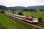 Die neulackierte 350 019  Gorilla  mit dem Zug  RR 705 Považan  zwischen Trenčín und Trenčianska Teplá.
18.09.2021.