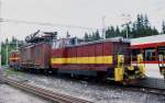 Am 3.6.2003 stand ein Bauzug der elektrischen Tatrabahnen im Bahnhof  Strebske Pleso.