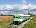 SZ 711 015 ist der Letzte seiner Art. Große Berühmtheite erlangten die in den 1970er Jahren von MBB Donauwörth gebauten Triebwagen als  zeleni vlak ,  grüner Zug , aber auch als  Mercedes . Am Nachmittag des 10. September 2024 versah er als R 3823 von Središče ob Dravi nach 
Ormož seinen Dienst, und konnte dabei von mir nahe Obrež fotografisch festgehalten werden.