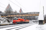 Spielfeld-Strass. Am 14.02.2025, schiebt die 1144 099 der ÖBB die 342 001 der Slovenske Železnice durch den Grenzbahnhof in das slovneische Stromnetz.