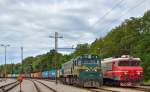 S 363-004 mit Containerzug wartet in Pragersko auf Lokwechseln durch S 664-104. /7.8.2012