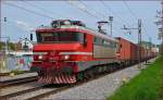 SŽ 363-014 zieht Containerzug durch Maribor-Tabor Richtung Koper Hafen.