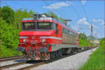 SŽ 363-012 zieht leeren Containerzug durch Maribor-Tabor Richtung Koper Hafen.