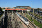 AVE 6 (100 206) der spanischen Staatsbahn Renfe fährt bei 22 Grad und wolkenlosen Himmel in den Bahnhof Sevilla Santa Justa ein.