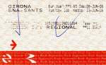 GIRONA (Katalonien/Provinz Girona), 08.06.2006, Fahrkarte von Girona nach Barcelona und zurück, gelöst am 08.06.2006 am Schalter im Bahnhof Girona -- Fahrkarte eingescannt