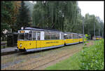 Ein dreiteiliger Zug der Kirnitzschtalbahn mit ET 2 an der Spitze steht hier am 9.9.2024 um 9.30 Uhr abfahrbereit am Talbhahnhof Kurpark in Bad Schandau.