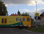 Ein TW der Baureihe 814/914 noch in der typischen Regio Nova Farbgebung , ausfahrend Richtung Liberc, in Česká Kamenice (deutsch: Böhmisch Kamnitz) 03.10.2019 15:53 Uhr.